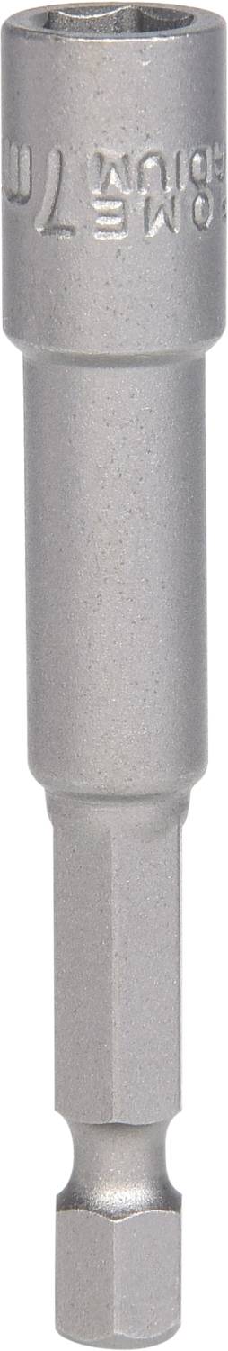 Srebrny adapter klucza nasadowego z otworem 7 mm, kompatybilny z wkrętarką akumulatorową, przeznaczony do prac majsterkowiczów.