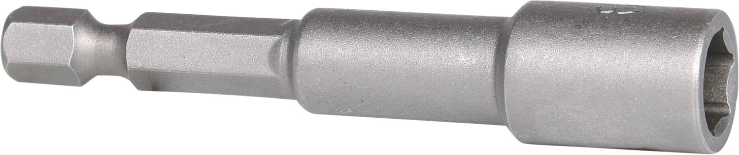 Srebrny adapter klucza z sześciokątnym chwytem po lewej stronie i otworem wewnętrznym sześciokątnym po prawej stronie, przeznaczony do połączeń śrubowych.