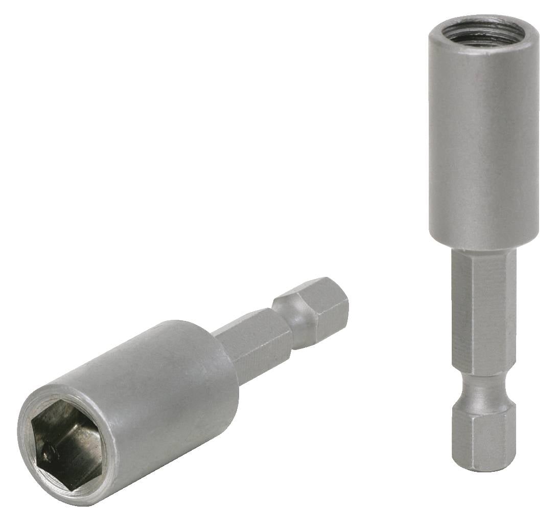 Dwie magnetyczne nasadki metalowe z sześciokątnym chwytem do prac śrubowych, jedna ułożona poziomo, druga stojąca pionowo.