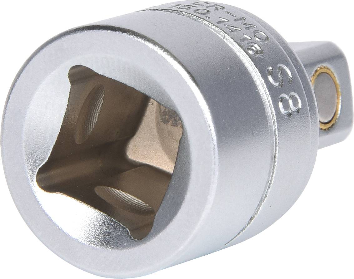 Srebrny adapter klucza nasadowego z kwadratowym gniazdem sześciokątnym, powszechnie stosowany przy pracach mechanicznych lub naprawach.
