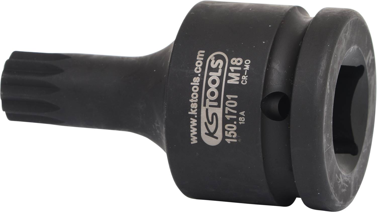Czarny klucz nasadowy KS Tools z napisem '150.1701 M18 CR-Mo 1BA'.