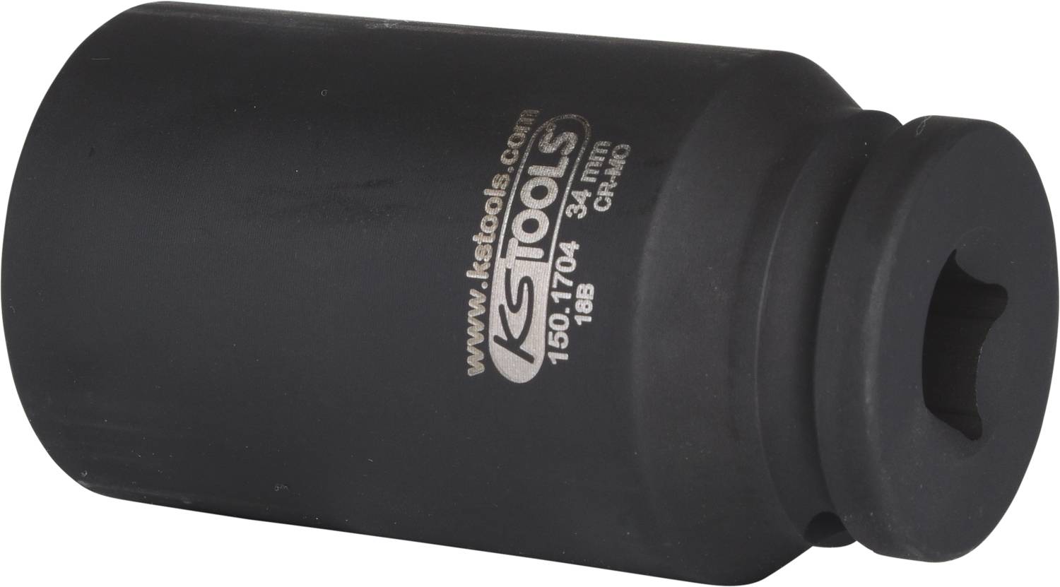 Czarna, cylindryczna wtyczka narzędziowa KS Tools z napisem '150.1704 - 34mm'. Odpowiednia do zastosowań mechanicznych.