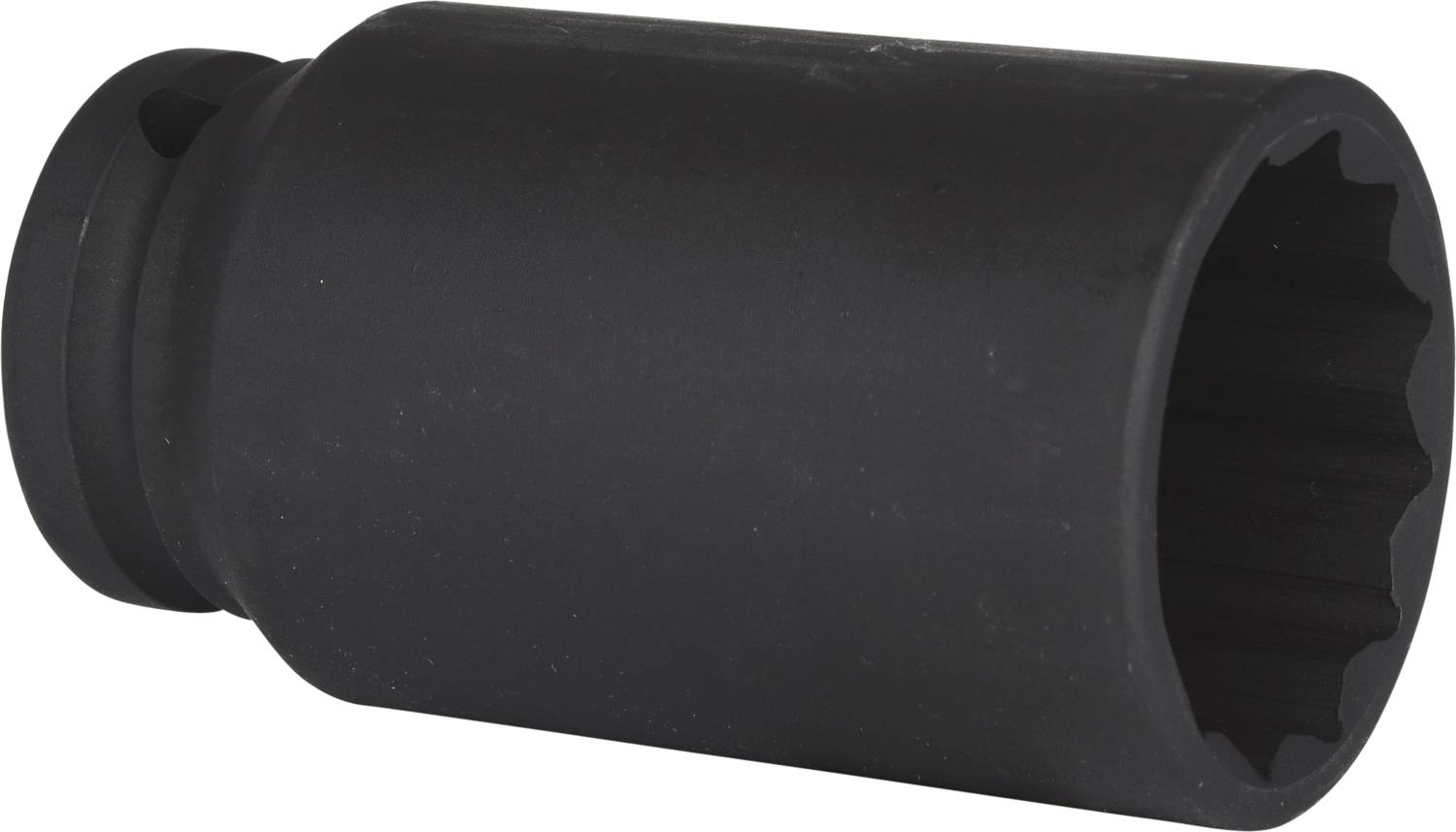 Czarny klucz nasadowy, cylindryczny, z ząbkowanym końcem i gładką powierzchnią. Stosowany do mocowań mechanicznych.