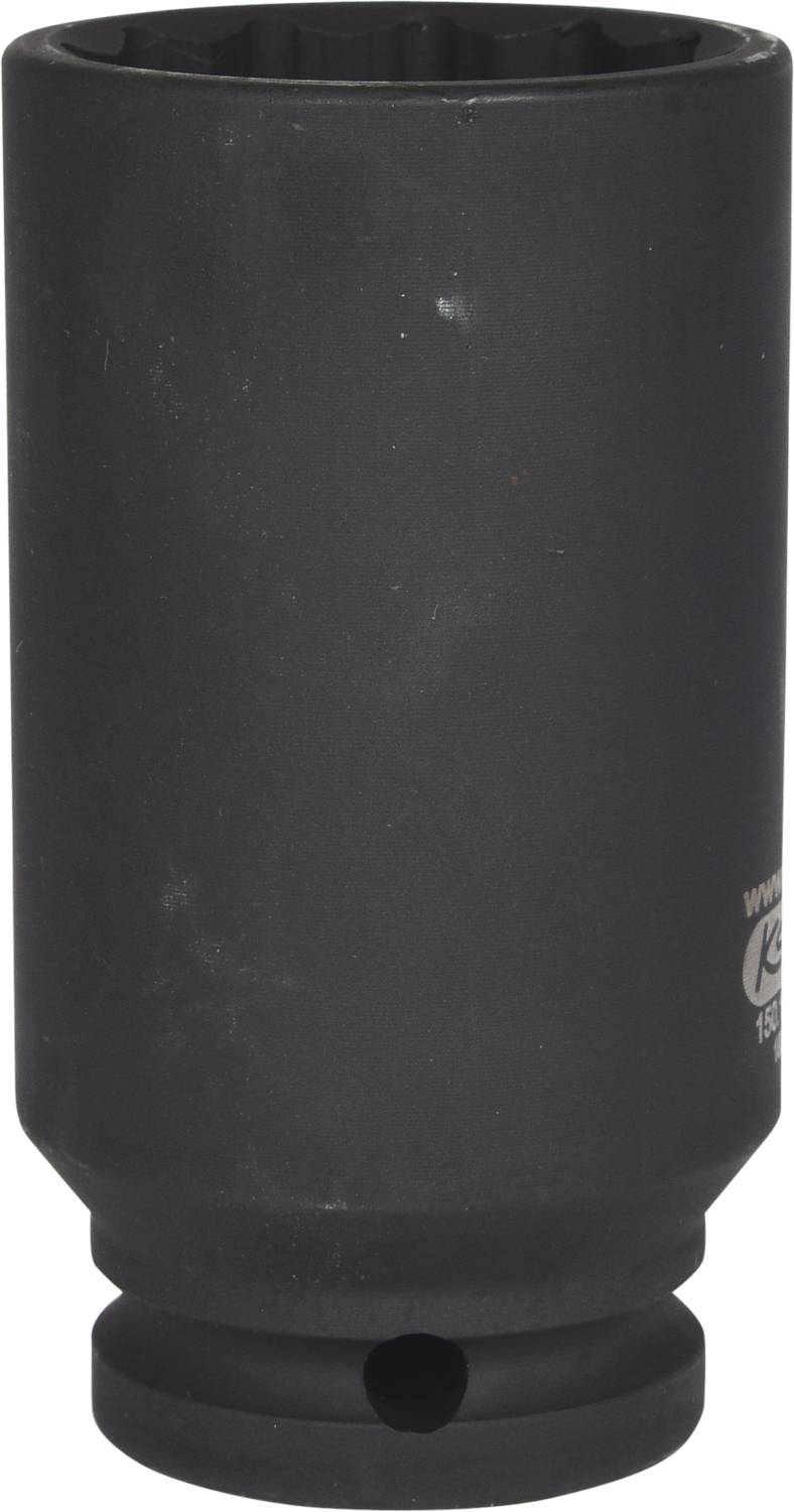 Czarny sworzeń, cylindryczny i solidny, wykonany z metalu, prawdopodobnie przeznaczony do użycia z kluczem nasadowym.