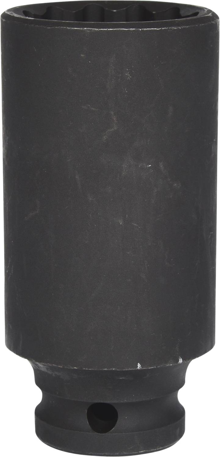 Ciemny metalowy element zakończeniowy z okrągłym otworem i strukturyzowaną powierzchnią zewnętrzną. Odpowiedni do narzędzi lub maszyn.