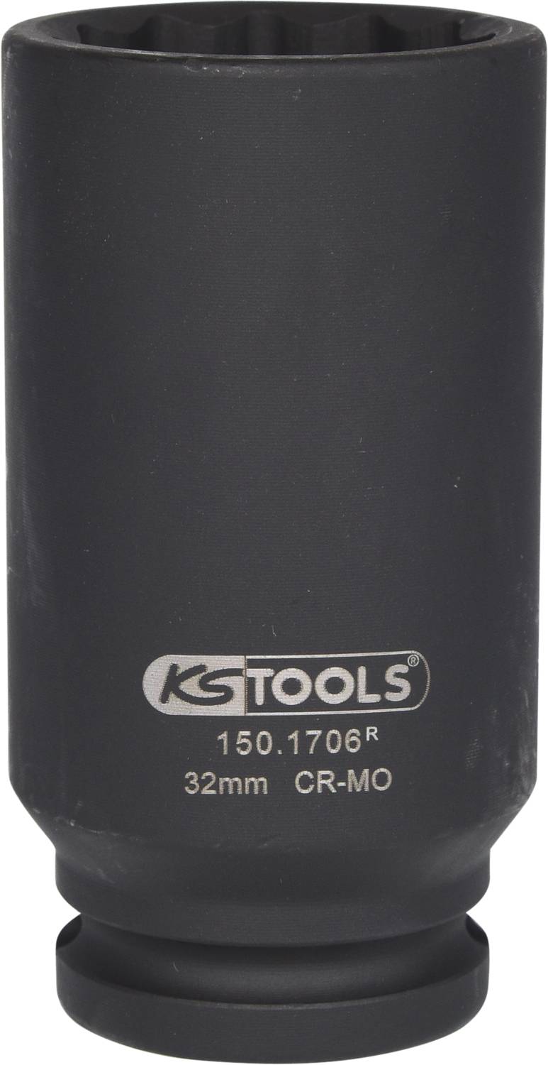 Czerniona nasadka udarowa marki KS Tools, numer modelu 150.1706R, rozmiar 32 mm, wykonana ze stali CR-MO.