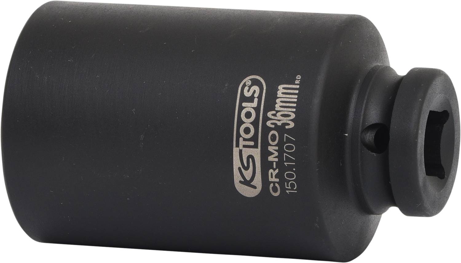 Czarny klucz nasadowy udarowy ze stali CR-Mo, o rozmiarze 36 mm, z logo KS Tools i numerem produktu 150.1707.