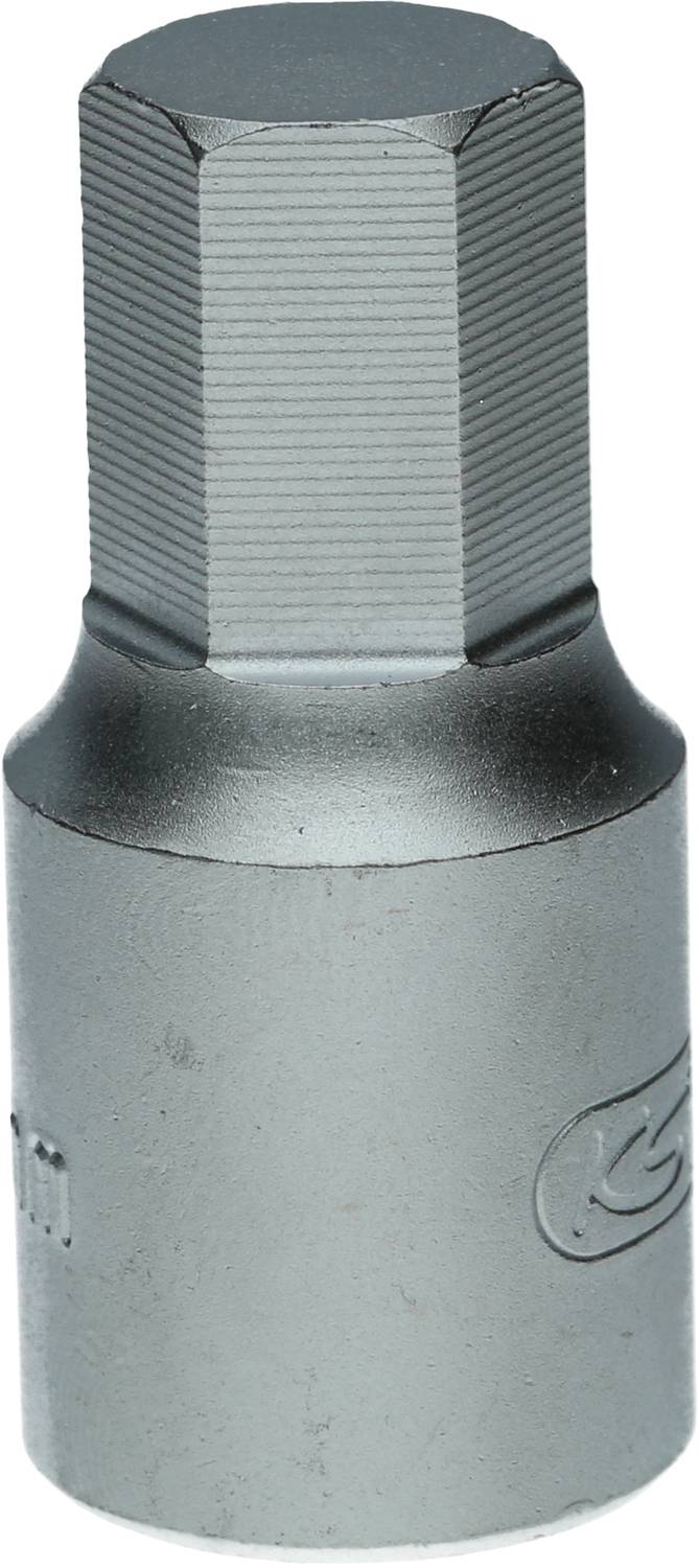 Sześciokątny metalowy adapter bitowy w kolorze srebrnym, przeznaczony do użycia z kluczem lub grzechotką.