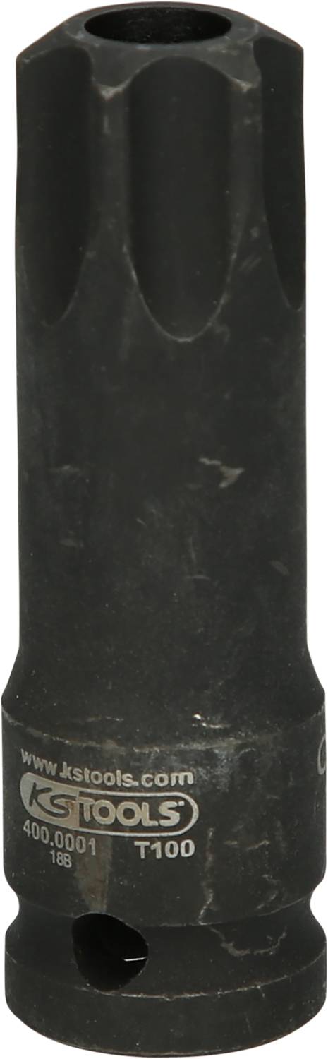 Wkładka klucza nasadowego 'KS Tools' w kolorze czarnym, wykonana z metalu, o cylindrycznym kształcie z prążkowaną górną powierzchnią i grawerem T100 na spodzie.