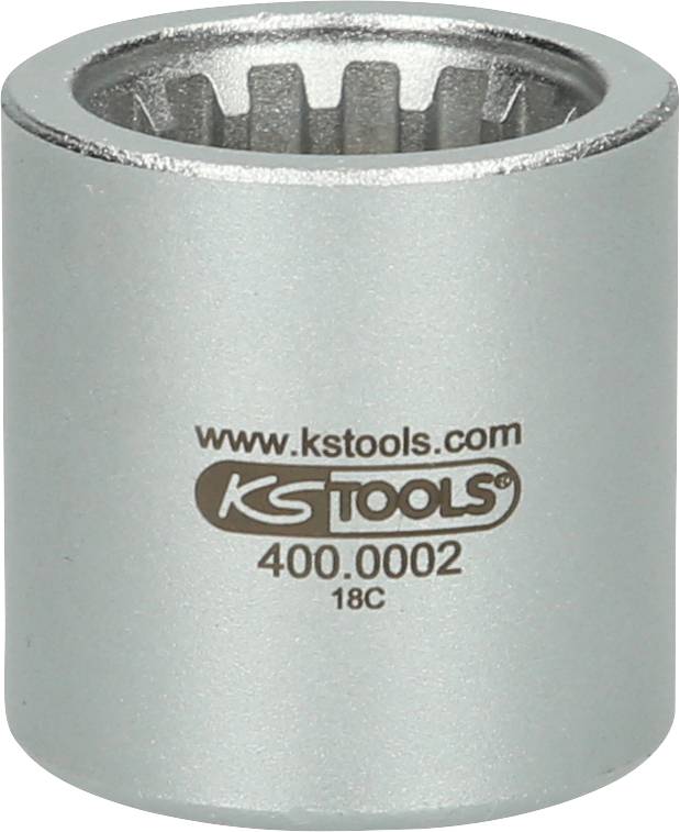 Nasadka stalowa z dwunastokątnym profilem wewnętrznym, z napisem 'www.kstools.com KS TOOLS 400.0002 18C'.
