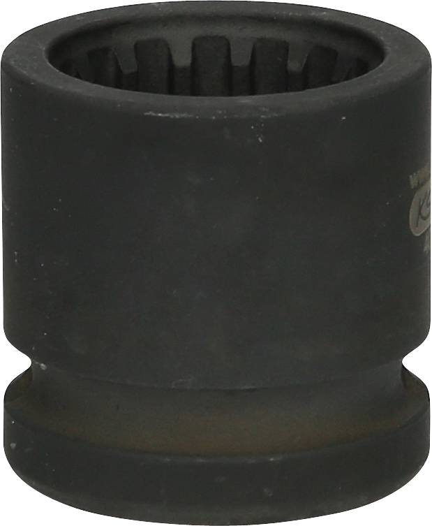 Obraz głębiej osadzonej nakrętki, czarnej, z uzębionym profilem wewnętrznym. Narzędzie warsztatowe do pewnego mocowania nakrętek lub śrub na rotorach.