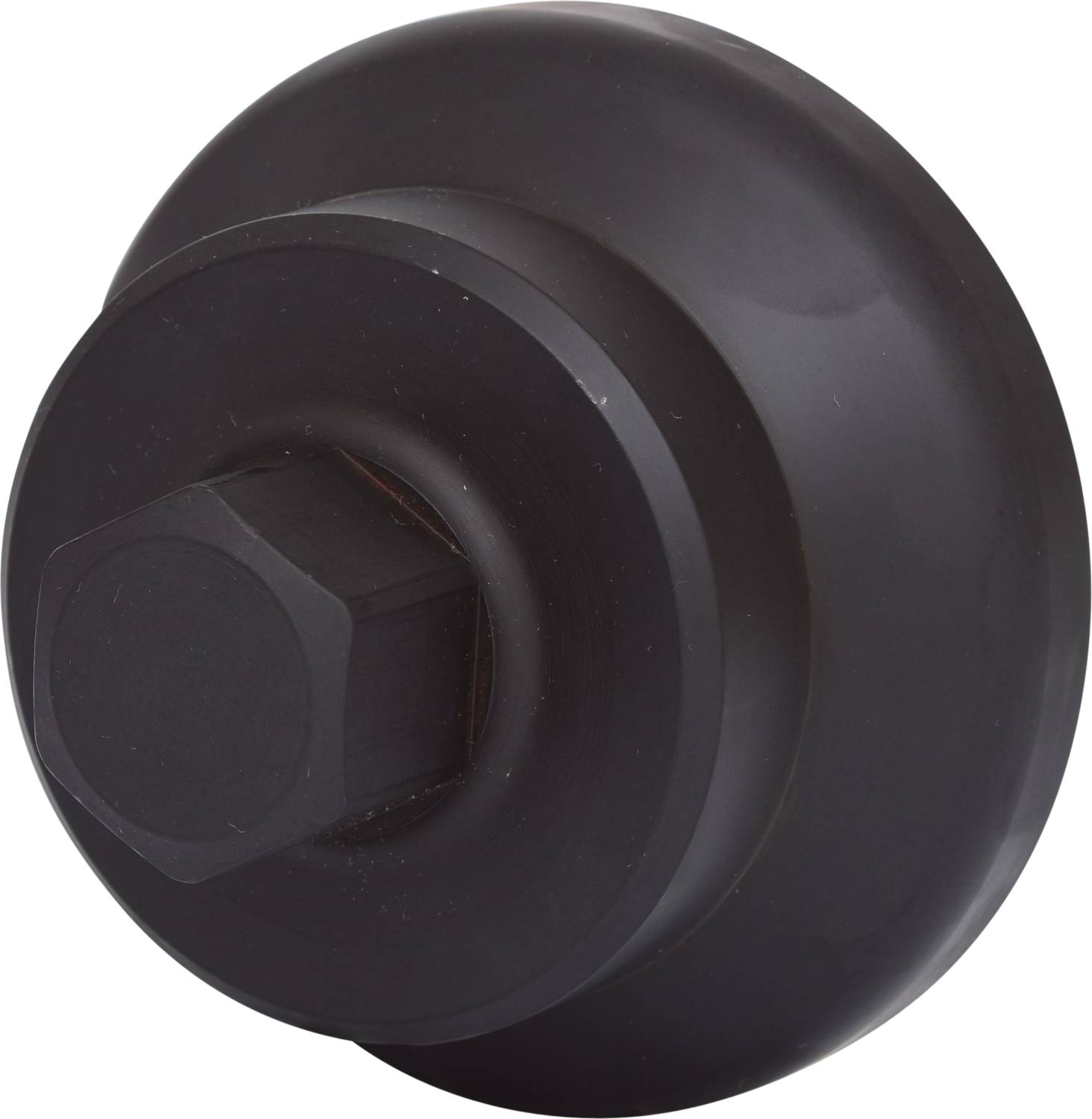 Czarna, okrągła śruba mocująca z sześciokątną główką, sfotografowana z boku, na białym tle.