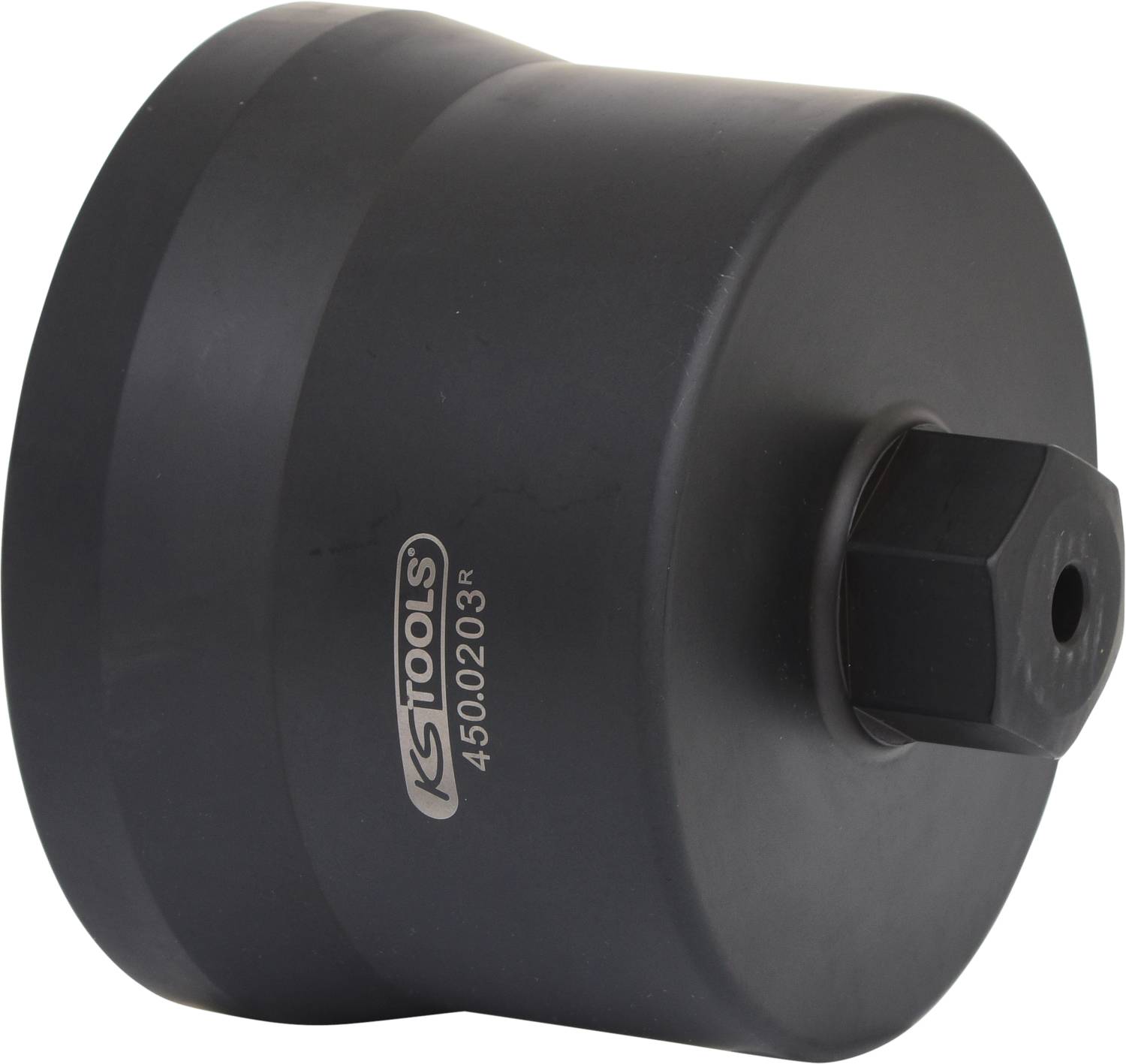Czarny cylinder metalowy z napisem 'KS TOOLS 4500203 R' i sześciokątnym gniazdem do użycia z narzędziami.