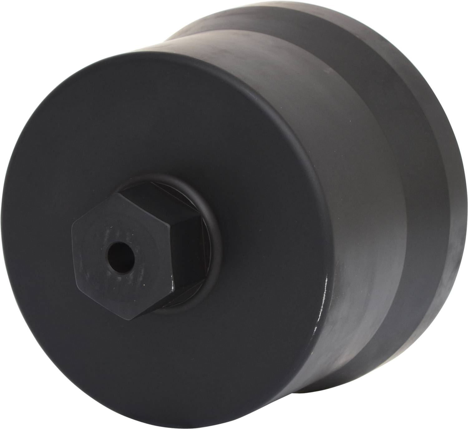 Czarny cylindryczny odbojnik gumowy z sześciokątnym mocowaniem metalowym pośrodku. Stosowany do tłumienia uderzeń lub redukcji drgań.