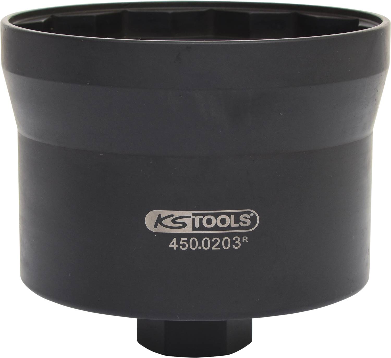 Czarny, cylindryczny nasadowy klucz nasadowy firmy KS Tools z napisem '450.0203' na boku.