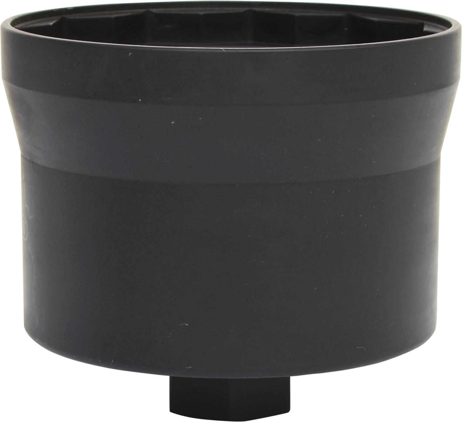 Czarny plastikowy pojemnik, cylindryczny, pusty, bez widocznych oznaczeń lub tekstur.