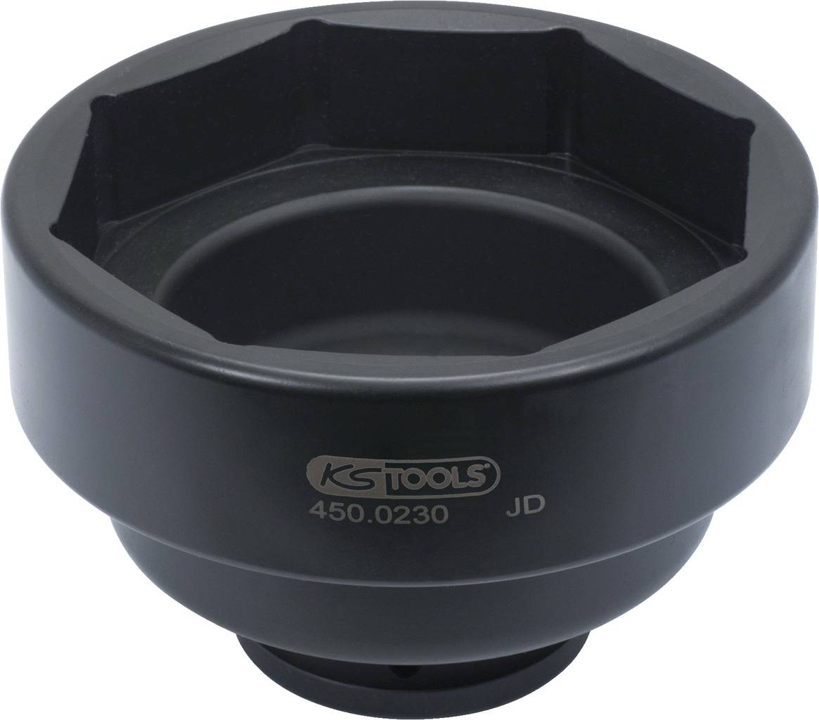 Czarny metalowy klucz do filtra oleju z napisem 'KS TOOLS 450.0230 JD', używany do odkręcania obudów filtrów oleju.