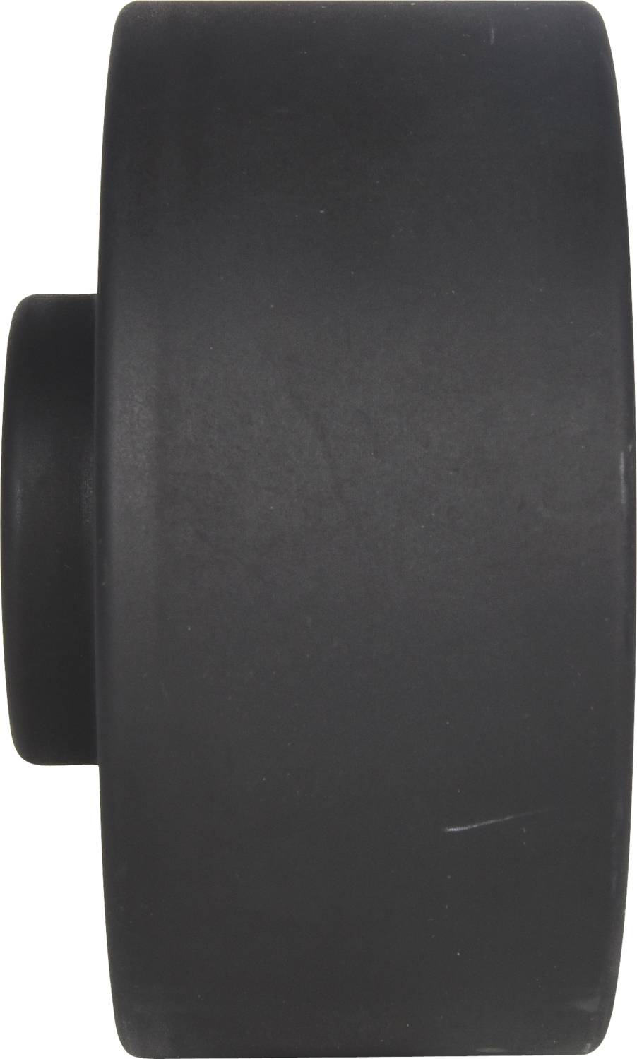 Czarne koło z tworzywa sztucznego, widok z boku, na jasnym tle.