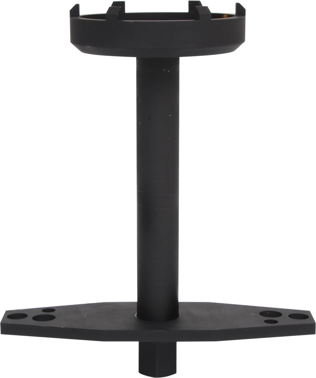 Czarny, cylindryczny metalowy stojak z szeroką podstawą i górnym pierścieniem mocującym, prawdopodobnie element urządzenia lub uchwytu.