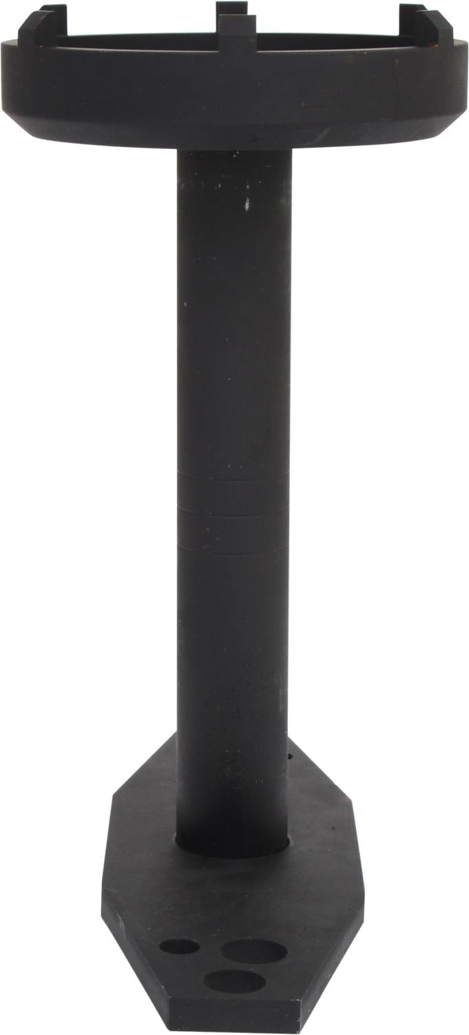 Czarny metalowy stojak z okrągłym uchwytem na górze i sześciokątną podstawą.