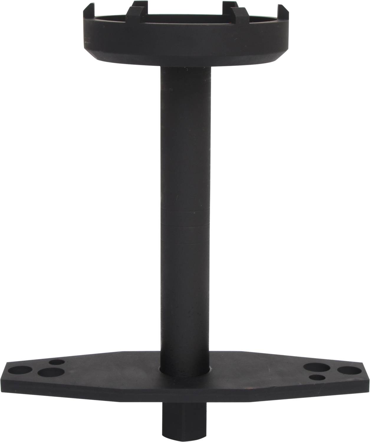 Czarny, pionowy przyrząd lub stojak z okrągłą platformą na górze. Wydaje się być wykonany z metalu i posiada otwory u podstawy.