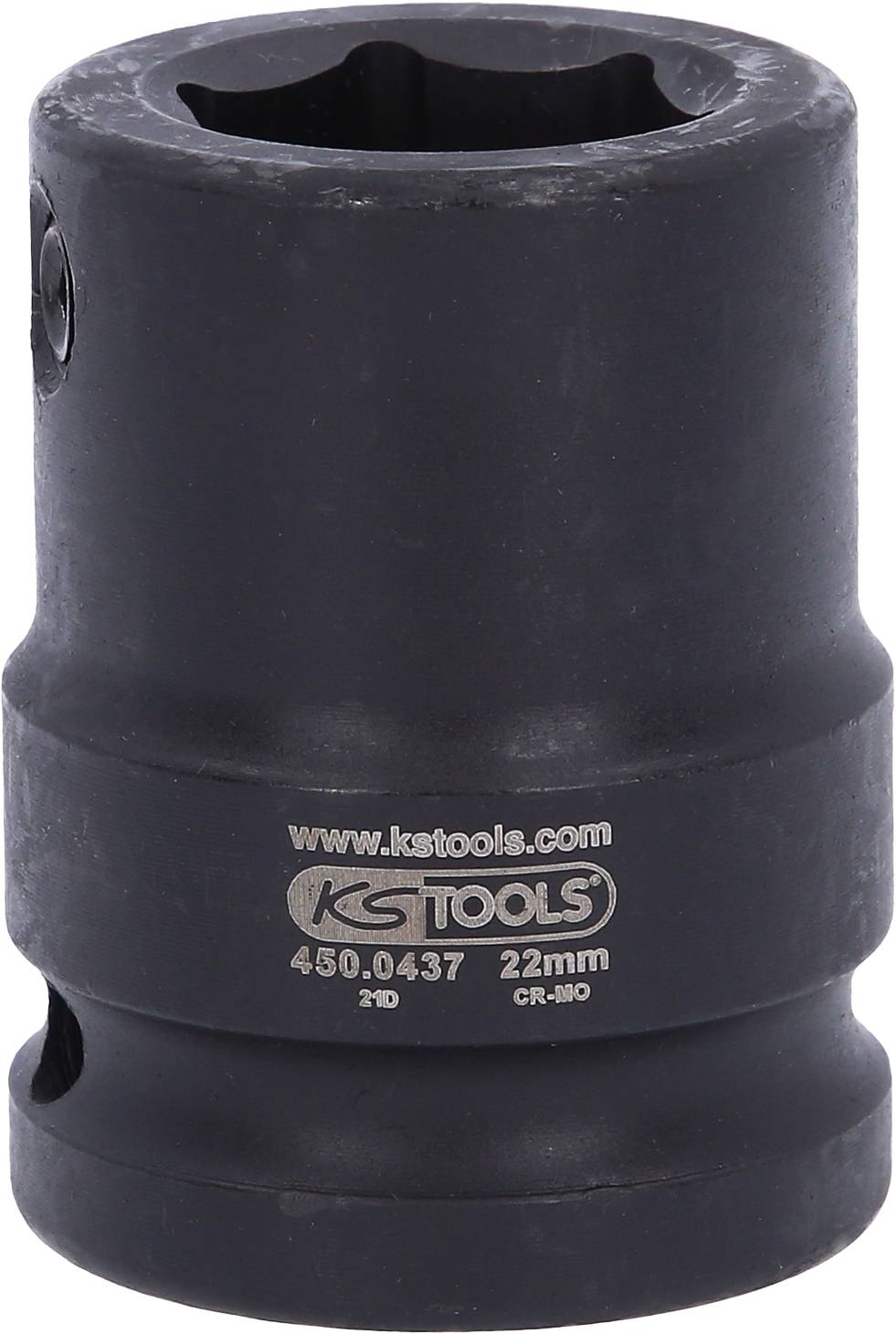 Czarna nasadka 22 mm z oznaczeniem 'ks-tools.com', numer produktu 450.0437, przeznaczona do narzędzi samochodowych.