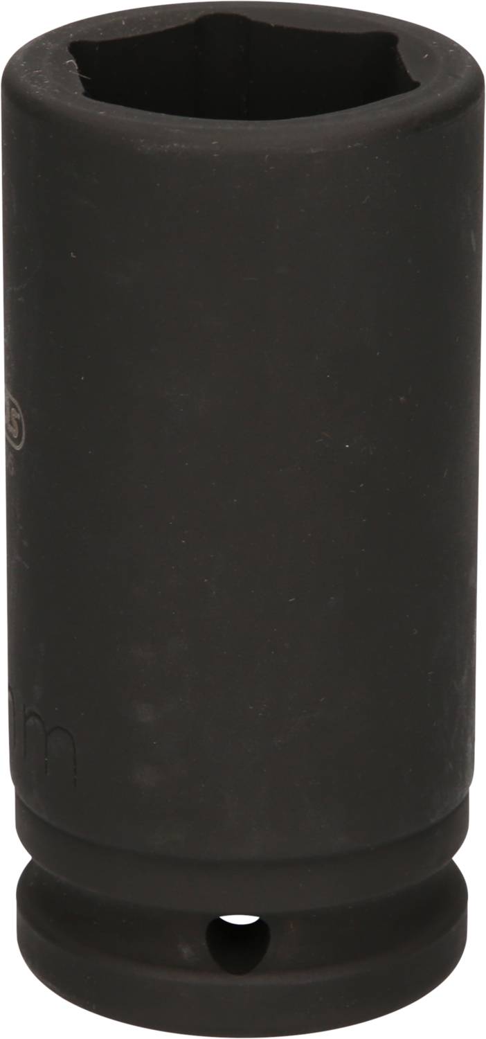 Czarny, cylindryczny kołek metalowy z kwadratowym otworem u góry i małą perforowaną podstawą u dołu.