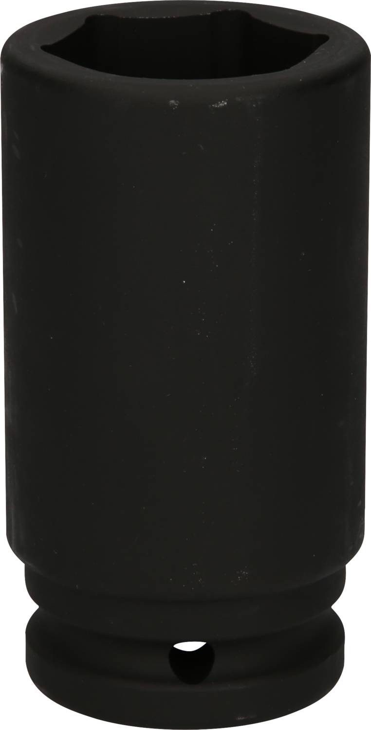 Czarny klucz nasadowy, cylindryczny, prawdopodobnie przydatny do prac mechanicznych.