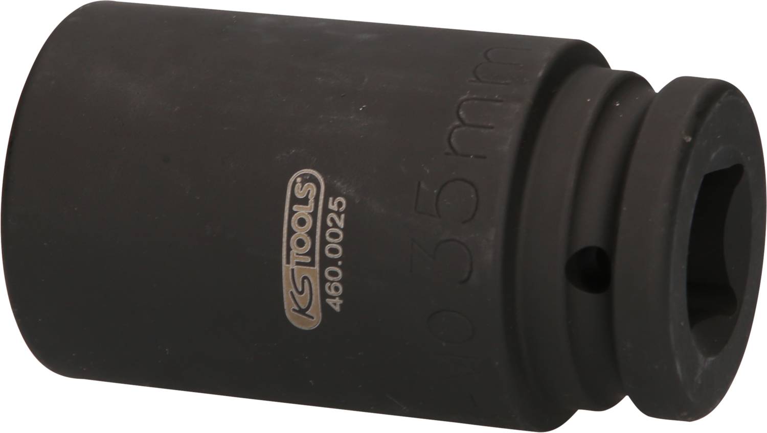 Czarny nasadowy klucz udarowy firmy KS Tools z oznaczeniem '460.0025' o rozmiarze 35 mm, wykonany w przeważającej części z metalu.