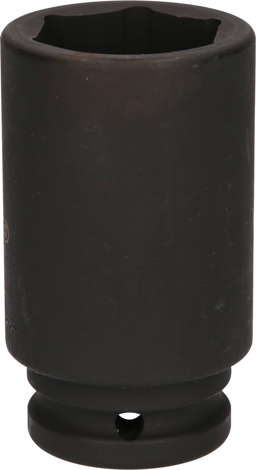 Czarny łącznik sześciokątny do prac ślusarskich, o cylindrycznym kształcie z wycięciem przy dolnej krawędzi.