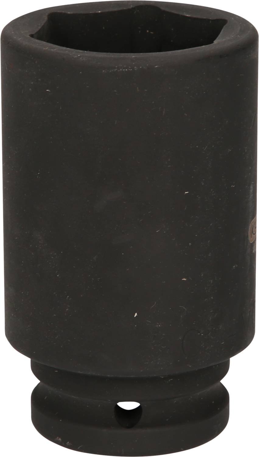 Czarny metalowy nasadowy klucz w kształcie cylindra z sześciokątnym otworem, stojący pionowo. Przeznaczony głównie do dokręcania śrub.