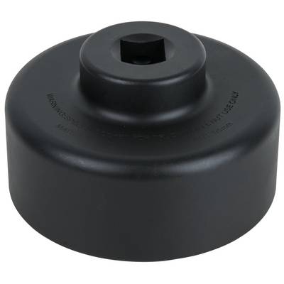 Czarny okrągły klucz do filtrów oleju z kwadratowym otworem na górze. Odpowiedni do montażu lub demontażu filtrów oleju.