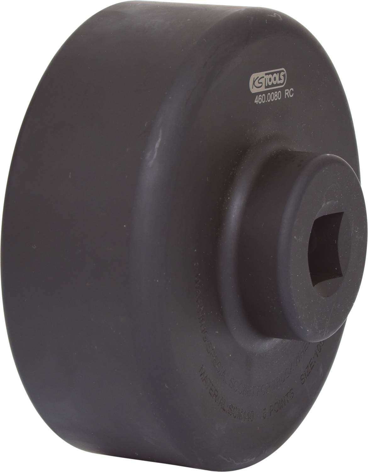 Czarny, cylindryczny element narzędziowy z kwadratowym otworem i napisem 'KS Tools'.