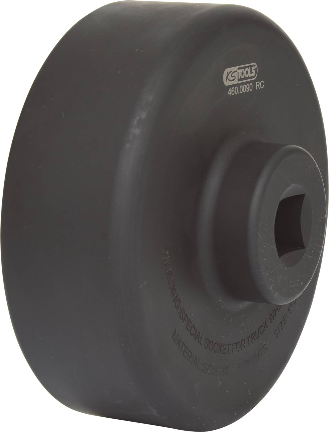Duży, okrągły adapter klucza nasadowego wykonany z metalu z czarną powierzchnią, przeznaczony do pojazdów ciężarowych, marka 'KS Tools'.