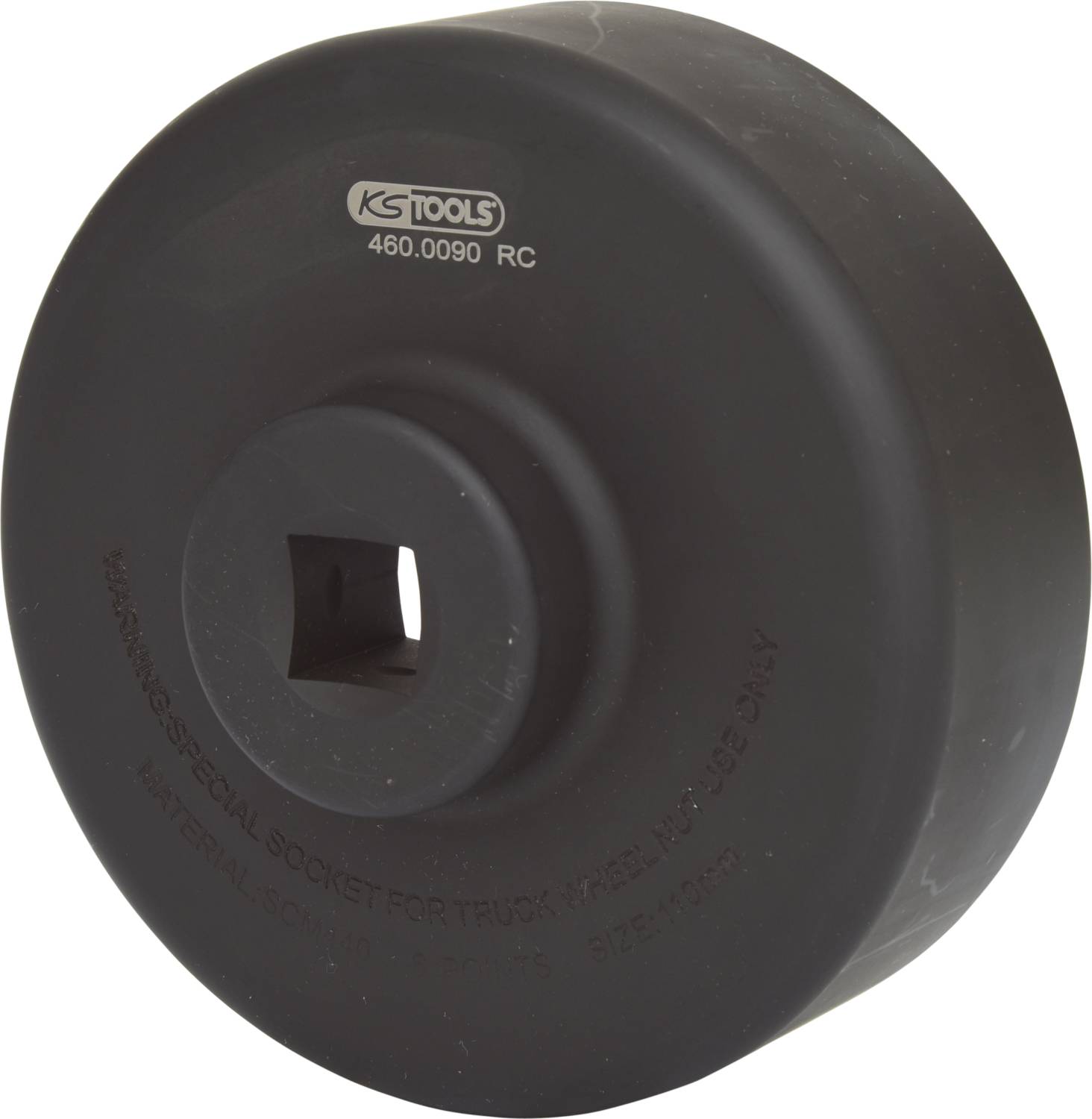 Czarny specjalny klucz KS Tools do nakrętek kół samochodów ciężarowych. Numer seryjny i szczegóły na górnej części narzędzia.