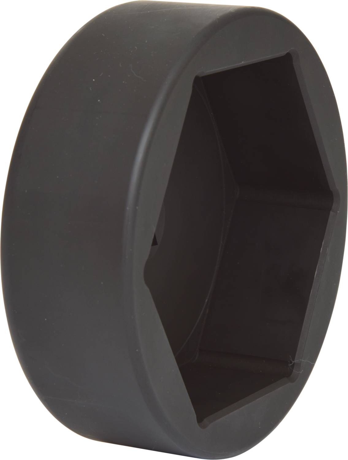 Czarny sześciokątny klucz, prawdopodobnie specjalistyczny klucz samochodowy lub nasadka, na białym tle.