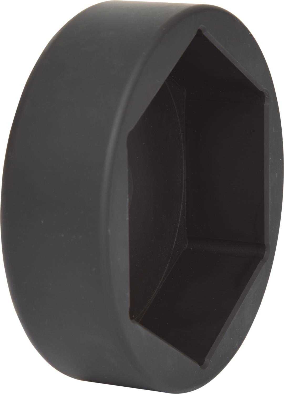 Czarny sześciokątny adapter narzędziowy, widok z boku. Odpowiedni do dużych nakrętek lub śrub, wykonany z wytrzymałego materiału.