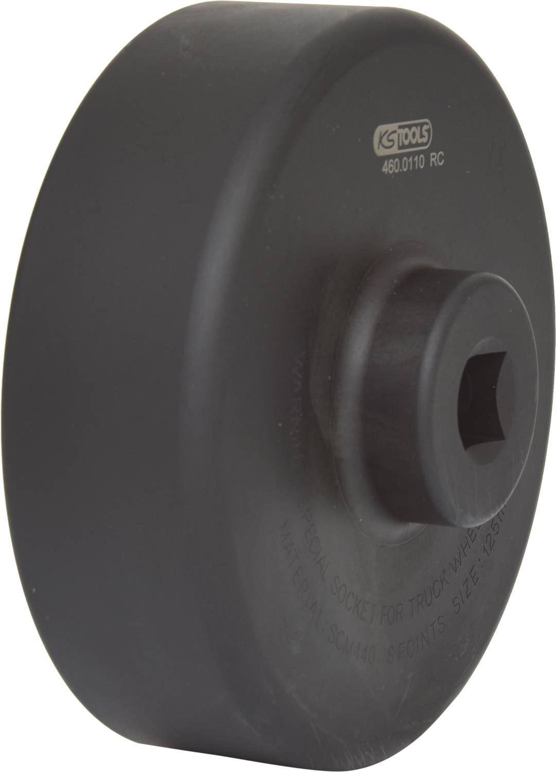 'Owalne, czarne narzędzie z kwadratowym otworem pośrodku. Oznaczone napisem 'KS Tools 460.0110 RC'.'