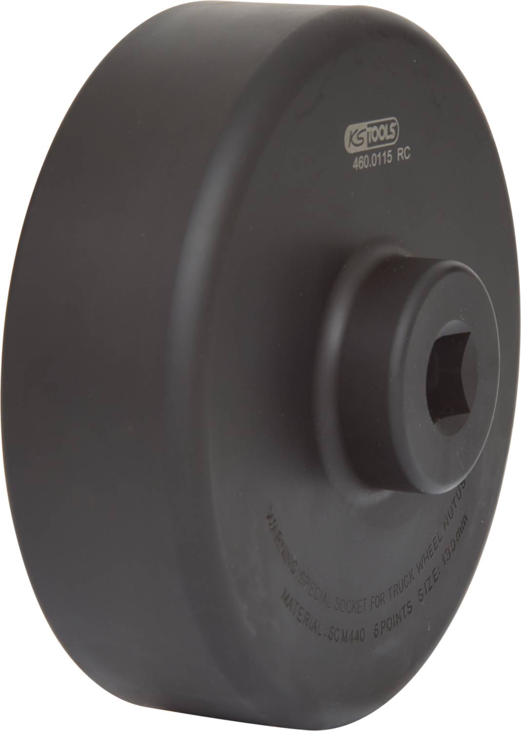 Czarny, okrągły klucz nasadowy do nakrętki piasty samochodu ciężarowego, 6-punktowy, z numerem produktu na górze, przeznaczony do profesjonalnego użytku warsztatowego.