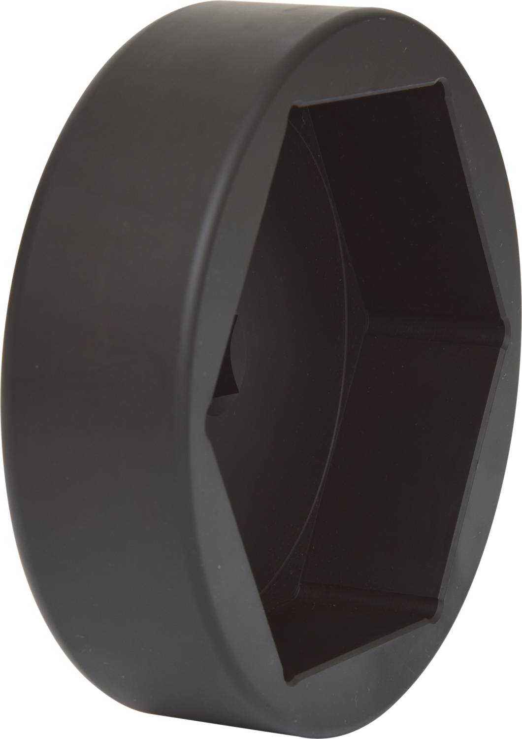 Czarna sześciokątna nasadka plastikowa, prawdopodobnie przeznaczona do ochrony lub zakrycia sześciokątnego śrubowego elementu złącznego lub nakrętki.