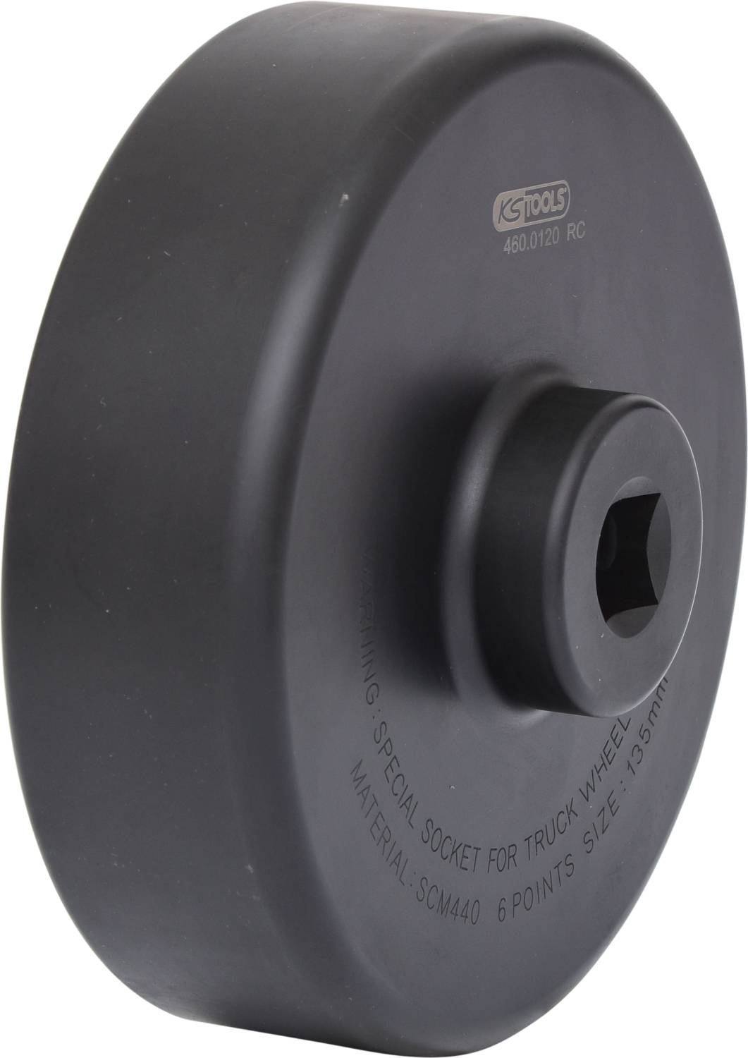 Czarny klucz nasadowy do nakrętek kół ciężarówek z otworem sześciokątnym. Narzędzie wykonane z wytrzymałego materiału, przeznaczone do ciężkich zastosowań.