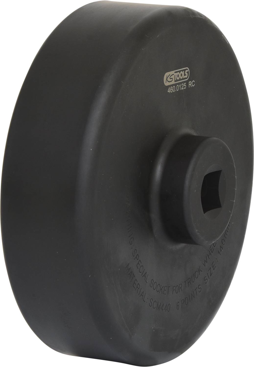 Czarny klucz nasadowy z kwadratowym otworem, odpowiedni do kół ciężarówek. Narzędzie z napisem 'KS Tools'.