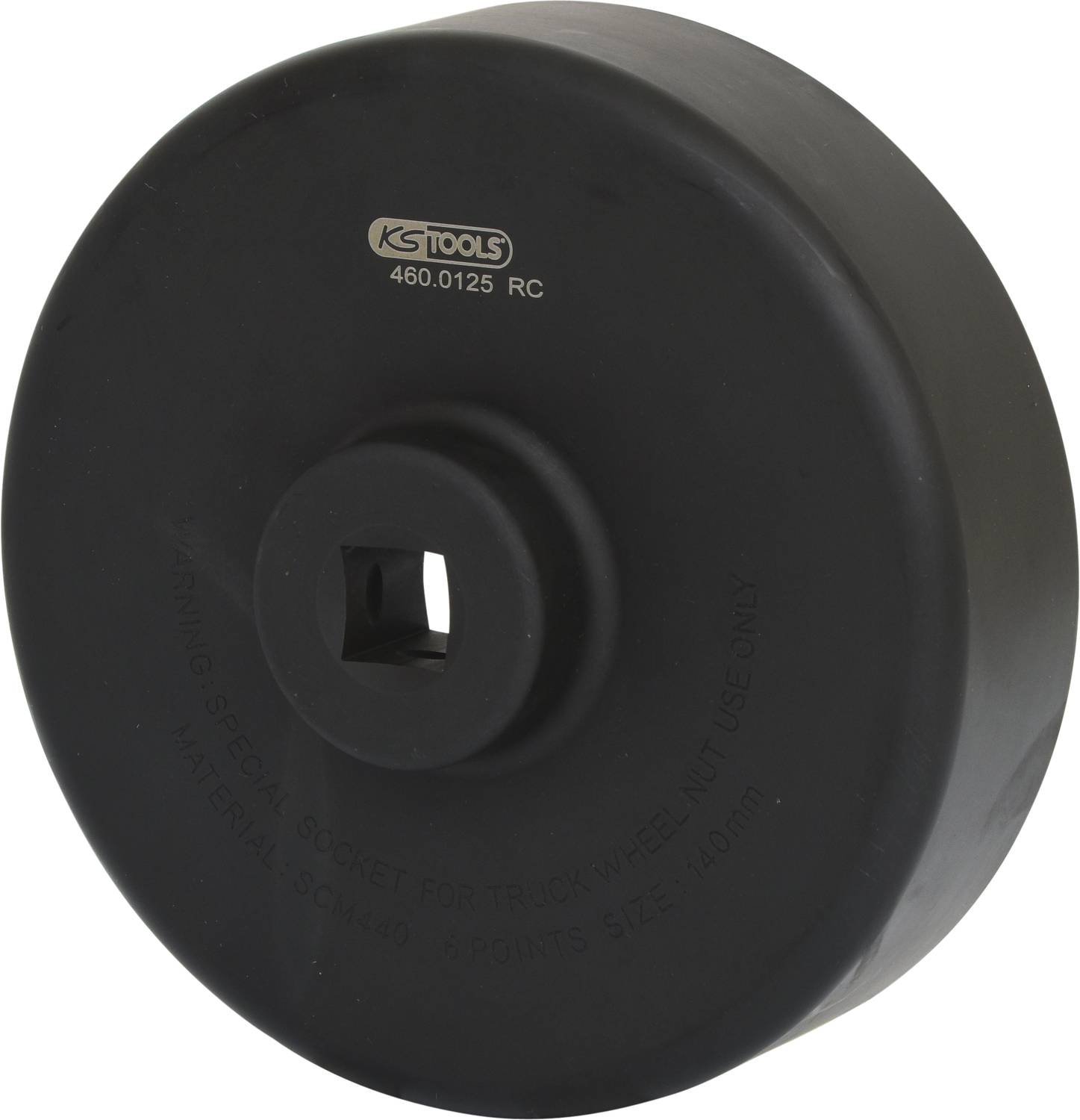 Czarna, okrągła nakrętka metalowa z centralnym otworem kwadratowym, z napisem 'KS TOOLS', przeznaczona do nakrętek kół pojazdów użytkowych.