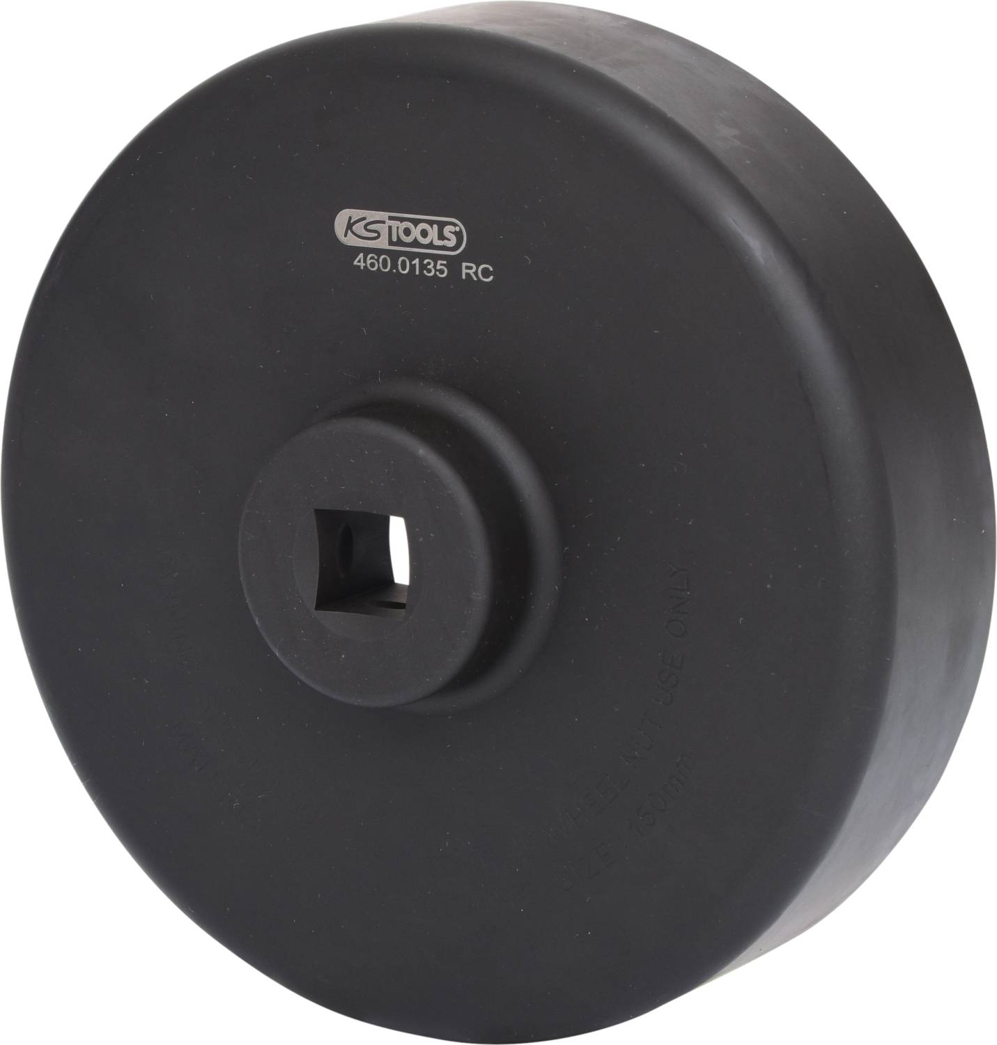 Czarny sprzęt warsztatowy do pojazdu z kwadratowym otworem pośrodku, z napisem 'KS TOOLS 460.0135 RC', przeznaczony do konserwacji lub naprawy.