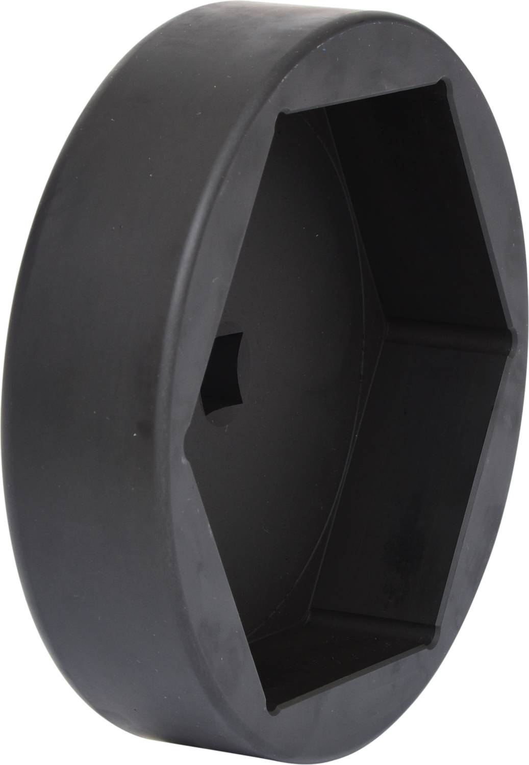 Czarny, sześciokątny plastikowy pokrywa z gładkimi krawędziami i centralnym otworem, odpowiedni do zakrycia pasującego narzędzia.