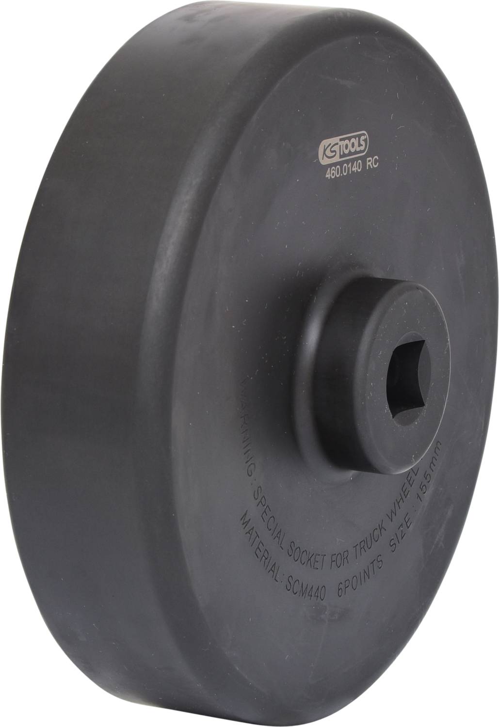 Specjalny klucz nasadowy do ciężarówek wykonany z czarnego metalu z otworem sześciokątnym, przeznaczony do nakrętek kół samochodów ciężarowych.