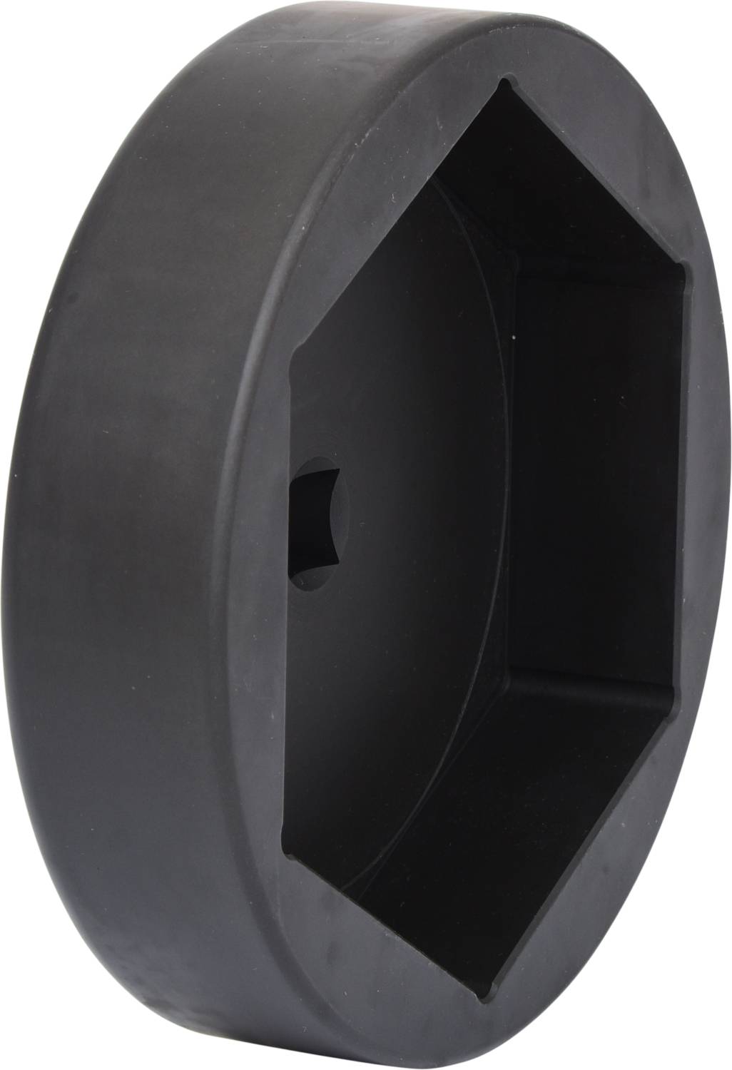 Czarny, sześciokątny element z tworzywa sztucznego o gładkiej powierzchni, prawdopodobnie duży klucz lub osłona do specyficznych zastosowań technicznych.