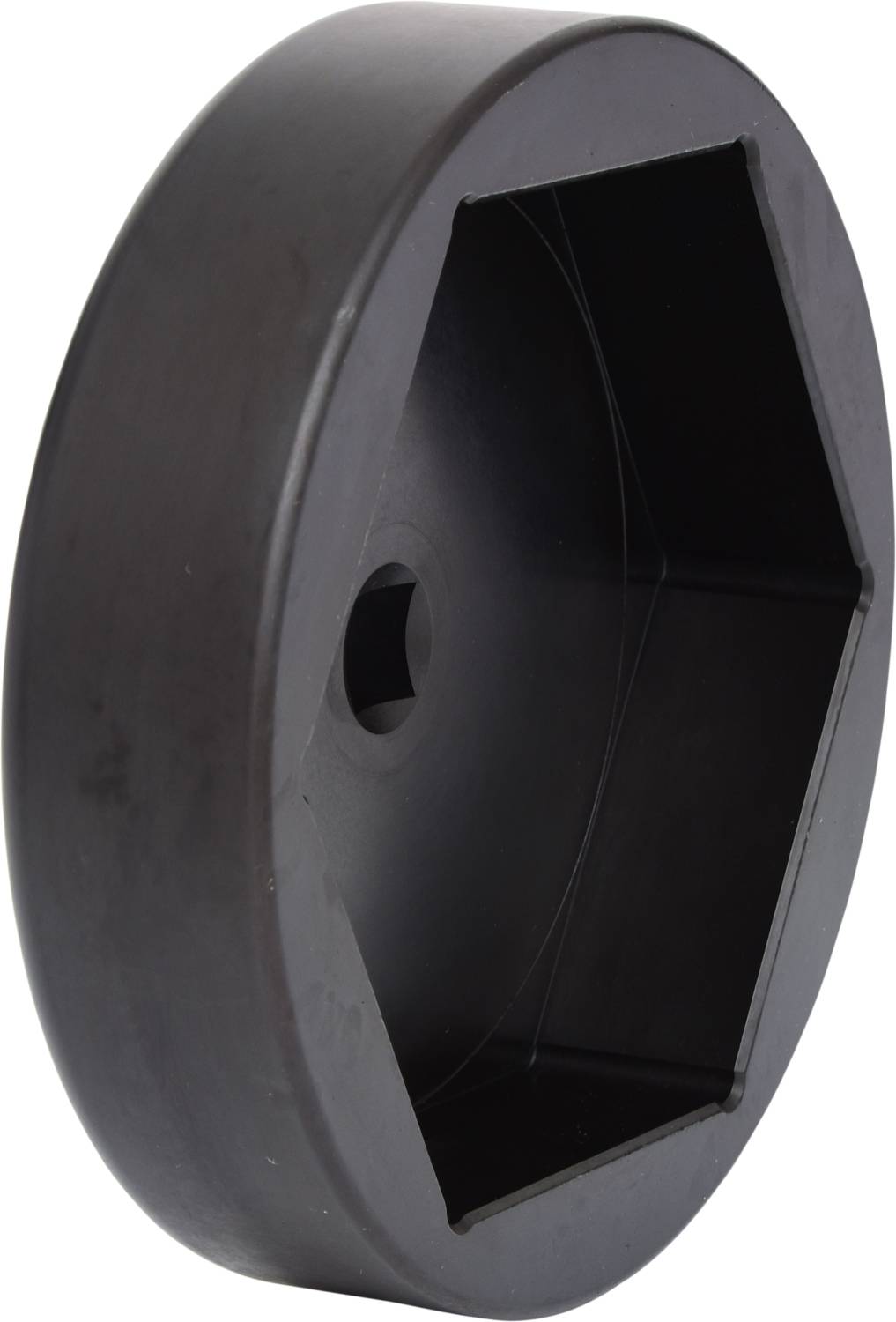 Duży, czarny sześciokątny klucz z tworzywa sztucznego, prawdopodobnie przeznaczony do odkręcania nakrętek lub śrub.