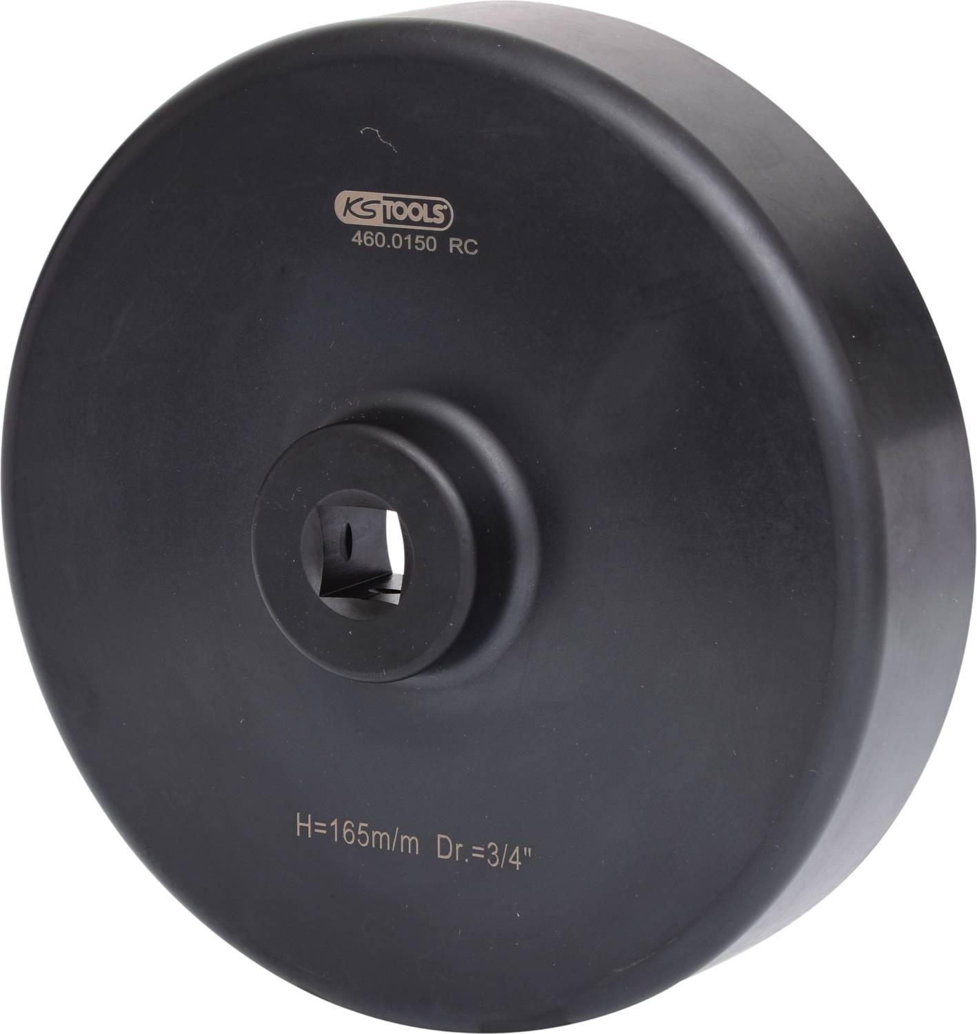 Duży, czarny, okrągły metalowy element z kwadratowym otworem pośrodku. Oznaczony napisami 'KS TOOLS 460.0150 RC' oraz 'H=165m/m Dr.=3/4'.