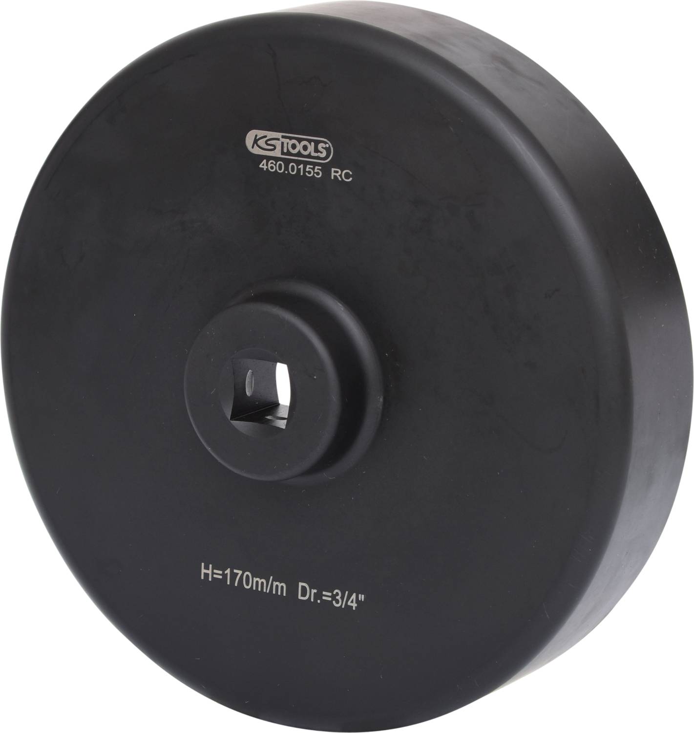 Okrągła, czarna część narzędziowa z napisem 'KS Tools 460.0155 RC'. Wymiary: 'H=170m/m Dr.=3/4' na przedniej stronie.